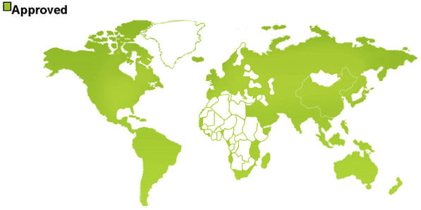 Map of countries where Sucralose is approved
